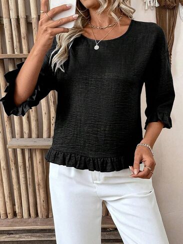 Urchics Womens Ruffle 3/4 Sleeve Tops Casual Linen Blouses Crew Neck Drop Shoulder Dressy Shirts Fall Outfits in Kuwait
