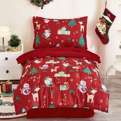 WONGS BEDDING Christmas Comforter Set-Toddler Bedding Set,Snowman Elk Christmas Tree Pattern Toddler Comforter Set for Boys Girls,4 Piece Soft Microfiber Christmas Bed Comforter Set for New Year in Saudi Arabia