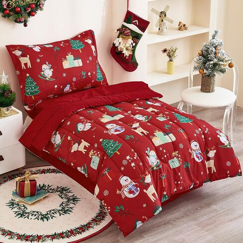 WONGS BEDDING Christmas Comforter Set-Toddler Bedding Set,Snowman Elk Christmas Tree Pattern Toddler Comforter Set for Boys Girls,4 Piece Soft Microfiber Christmas Bed Comforter Set for New Year in Saudi Arabia