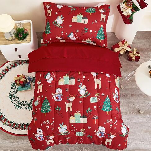WONGS BEDDING Christmas Comforter Set-Toddler Bedding Set,Snowman Elk Christmas Tree Pattern Toddler Comforter Set for Boys Girls,4 Piece Soft Microfiber Christmas Bed Comforter Set for New Year in Saudi Arabia