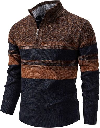 Mens Sweate Quarter Zip Striped Pullover Color Block Knit Sweaters for Men, Long Sleeve Casual Polo Sweatershirt in Saudi Arabia