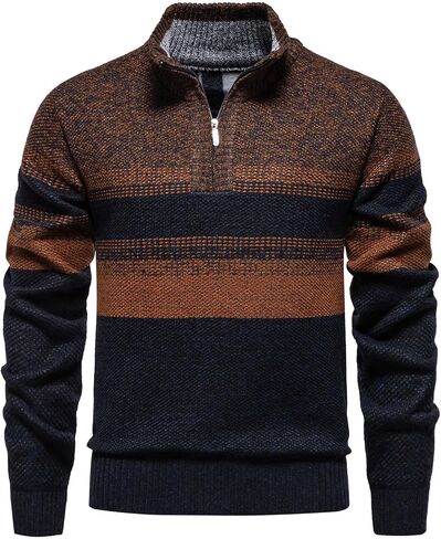 Mens Sweate Quarter Zip Striped Pullover Color Block Knit Sweaters for Men, Long Sleeve Casual Polo Sweatershirt in Saudi Arabia