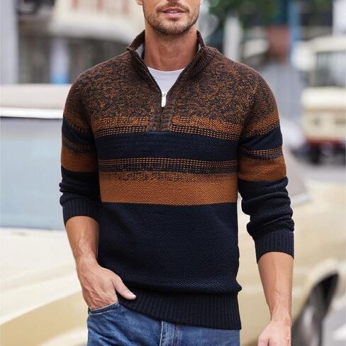 Mens Sweate Quarter Zip Striped Pullover Color Block Knit Sweaters for Men, Long Sleeve Casual Polo Sweatershirt in Saudi Arabia