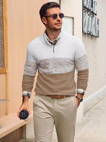 Runcati Mens Quarter Zip Sweaters Mock Neck Pullover Sweater Knitted Casual Color Block Fall Winter Sweaters in Saudi Arabia