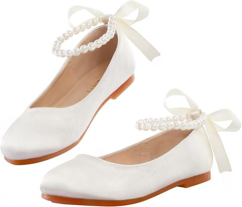 Mejormen Flower Girl Shoes Girls Dress Shoe Toddler Mary Jane Ballet Flats Princess Lace-Up Pearl Ongle Strap Bress Shoes for Wedding Party School in Kuwait