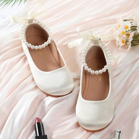 Mejormen Flower Girl Shoes Girls Dress Shoe Toddler Mary Jane Ballet Flats Princess Lace-Up Pearl Ongle Strap Bress Shoes for Wedding Party School in Kuwait