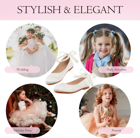Mejormen Flower Girl Shoes Girls Dress Shoe Toddler Mary Jane Ballet Flats Princess Lace-Up Pearl Ongle Strap Bress Shoes for Wedding Party School in Kuwait