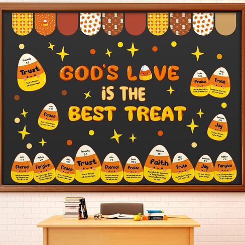 Zhanmai 123 Pcs Candy Corn Bulletin Board Set Religious Halloween Candy Corn Bible Verse God's Love is The Good Treat Cutout for Fall Halloween Faith Religious Classroom Sunday School Wall Decor in Saudi Arabia