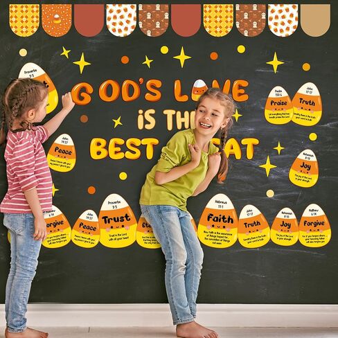 Zhanmai 123 Pcs Candy Corn Bulletin Board Set Religious Halloween Candy Corn Bible Verse God's Love is The Good Treat Cutout for Fall Halloween Faith Religious Classroom Sunday School Wall Decor in Saudi Arabia