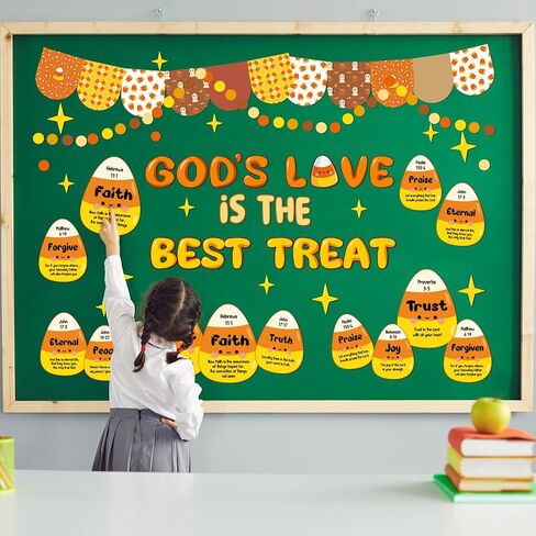 Zhanmai 123 Pcs Candy Corn Bulletin Board Set Religious Halloween Candy Corn Bible Verse God's Love is The Good Treat Cutout for Fall Halloween Faith Religious Classroom Sunday School Wall Decor in Saudi Arabia