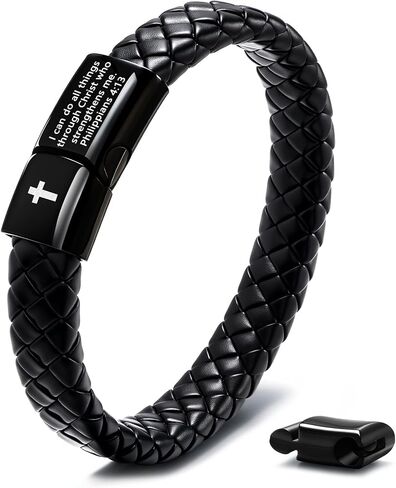 Feel Mens Bible Bible Beary Bracelet - Lava Rock Bead Cross Bracelet للرجال - الشفاء الموازنة معصمًا جلديًا مضفرًا - مجوهرات التخرج المسيحي الديني للرجال in Kuwait