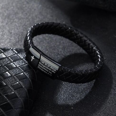 Feel Mens Bible Bible Beary Bracelet - Lava Rock Bead Cross Bracelet للرجال - الشفاء الموازنة معصمًا جلديًا مضفرًا - مجوهرات التخرج المسيحي الديني للرجال in Kuwait