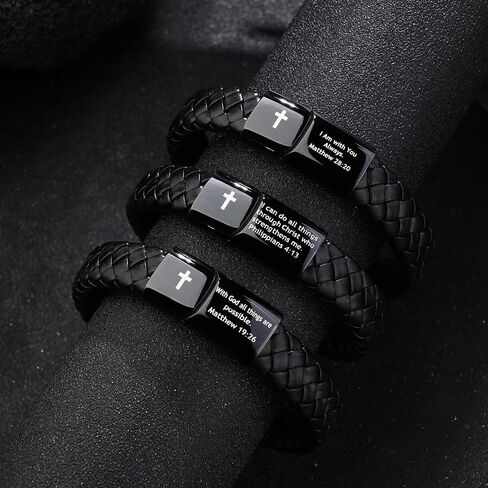 Feel Mens Bible Bible Beary Bracelet - Lava Rock Bead Cross Bracelet للرجال - الشفاء الموازنة معصمًا جلديًا مضفرًا - مجوهرات التخرج المسيحي الديني للرجال in Kuwait