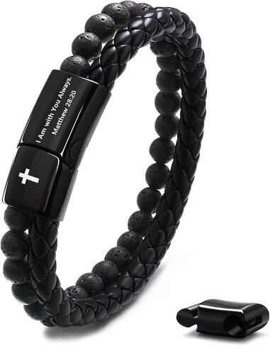 Feel Mens Bible Bible Beary Bracelet - Lava Rock Bead Cross Bracelet للرجال - الشفاء الموازنة معصمًا جلديًا مضفرًا - مجوهرات التخرج المسيحي الديني للرجال in Kuwait