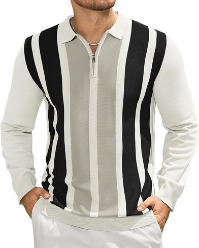 PRIVIMIX Mens Knit Striped Polo Shirts Long Sleeve Fashion Vintage Quarter Zip Pullover Casual Polo Sweater in Kuwait