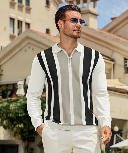 PRIVIMIX Mens Knit Striped Polo Shirts Long Sleeve Fashion Vintage Quarter Zip Pullover Casual Polo Sweater in Kuwait