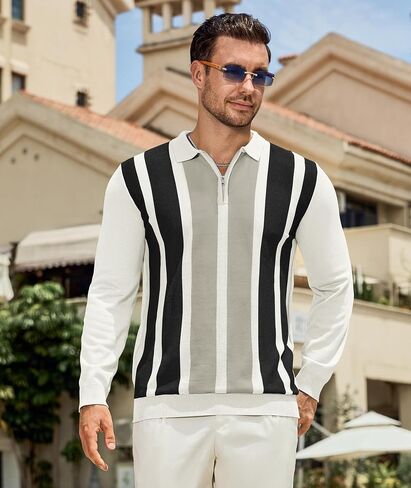 PRIVIMIX Mens Knit Striped Polo Shirts Long Sleeve Fashion Vintage Quarter Zip Pullover Casual Polo Sweater in Kuwait
