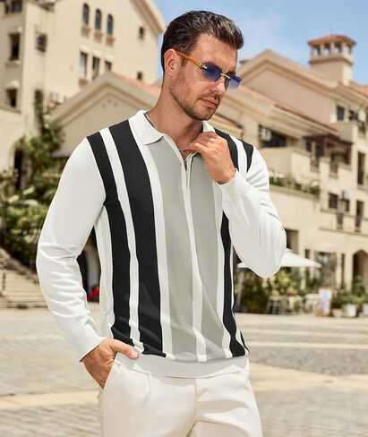 PRIVIMIX Mens Knit Striped Polo Shirts Long Sleeve Fashion Vintage Quarter Zip Pullover Casual Polo Sweater in Kuwait