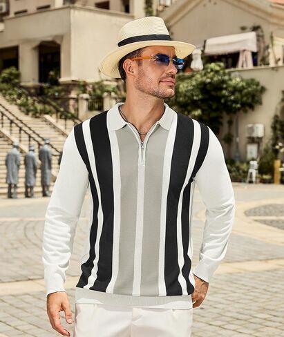 PRIVIMIX Mens Knit Striped Polo Shirts Long Sleeve Fashion Vintage Quarter Zip Pullover Casual Polo Sweater in Kuwait