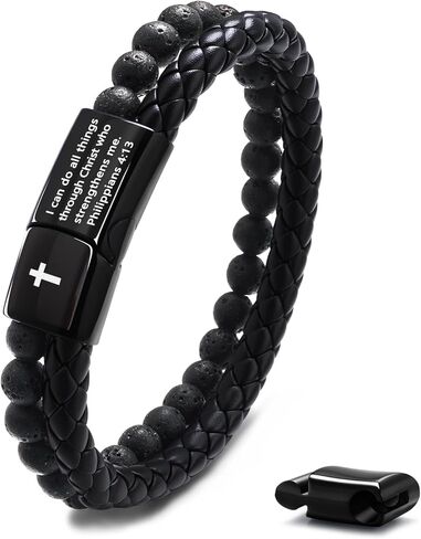 Feel Mens Bible Bible Beary Bracelet - Lava Rock Bead Cross Bracelet للرجال - الشفاء الموازنة معصمًا جلديًا مضفرًا - مجوهرات التخرج المسيحي الديني للرجال in Kuwait