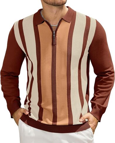 PRIVIMIX Mens Knit Striped Polo Shirts Long Sleeve Fashion Vintage Quarter Zip Pullover Casual Polo Sweater in Kuwait