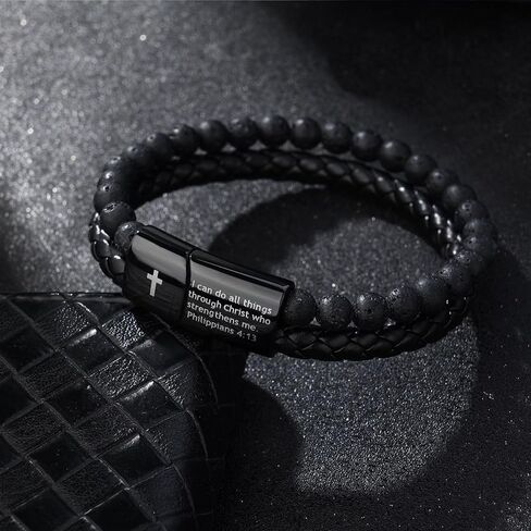Feel Mens Bible Bible Beary Bracelet - Lava Rock Bead Cross Bracelet للرجال - الشفاء الموازنة معصمًا جلديًا مضفرًا - مجوهرات التخرج المسيحي الديني للرجال in Kuwait
