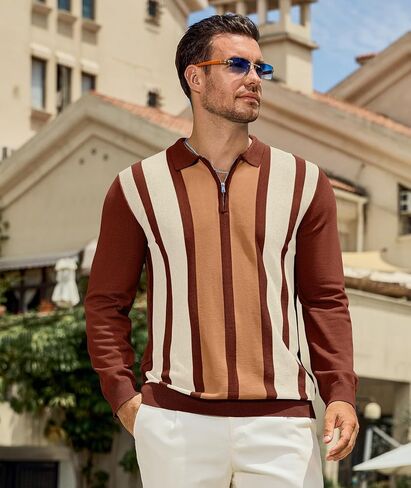 PRIVIMIX Mens Knit Striped Polo Shirts Long Sleeve Fashion Vintage Quarter Zip Pullover Casual Polo Sweater in Kuwait