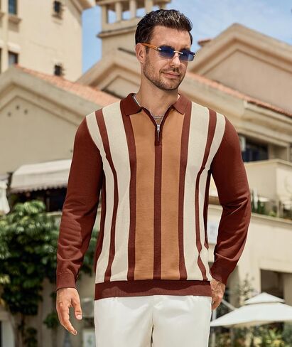 PRIVIMIX Mens Knit Striped Polo Shirts Long Sleeve Fashion Vintage Quarter Zip Pullover Casual Polo Sweater in Kuwait