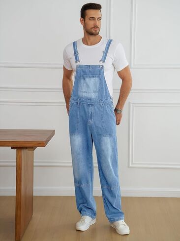 Runcati Men's Denim Bib Overall Jean Romper Casual Fashion Workwear Adjustable Strap Loose Fit Hip Hop Jumpsuit in Kuwait