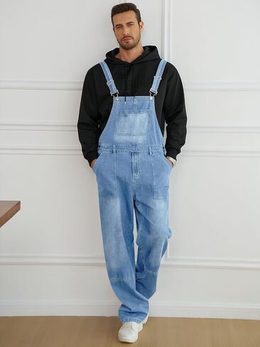 Runcati Men's Denim Bib Overall Jean Romper Casual Fashion Workwear Adjustable Strap Loose Fit Hip Hop Jumpsuit in Kuwait