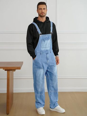 Runcati Men's Denim Bib Overall Jean Romper Casual Fashion Workwear Adjustable Strap Loose Fit Hip Hop Jumpsuit in Kuwait