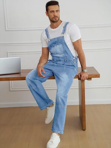 Runcati Men's Denim Bib Overall Jean Romper Casual Fashion Workwear Adjustable Strap Loose Fit Hip Hop Jumpsuit in Kuwait
