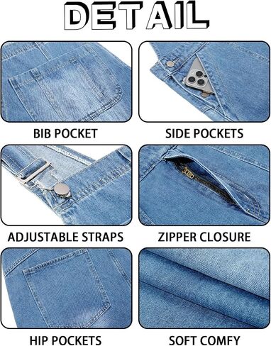 Runcati Men's Denim Bib Overall Jean Romper Casual Fashion Workwear Adjustable Strap Loose Fit Hip Hop Jumpsuit in Kuwait