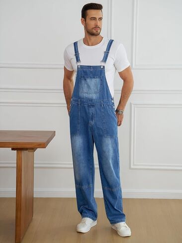 Runcati Men's Denim Bib Overall Jean Romper Casual Fashion Workwear Adjustable Strap Loose Fit Hip Hop Jumpsuit in Kuwait