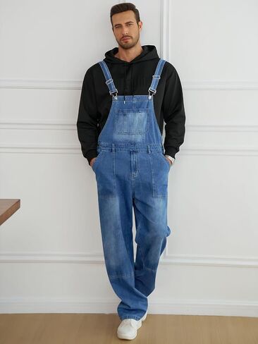 Runcati Men's Denim Bib Overall Jean Romper Casual Fashion Workwear Adjustable Strap Loose Fit Hip Hop Jumpsuit in Kuwait