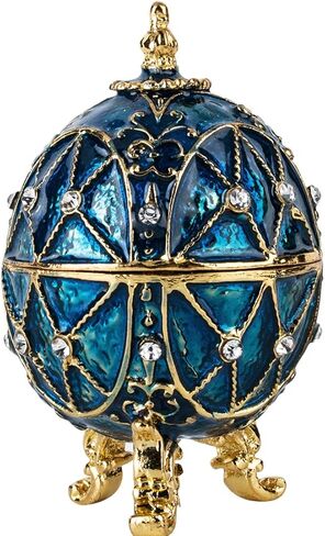 Faberge Egg Trinket Boxes Hinged Crystal Jeweled Easter Machi Egg Ornament Jewelry Ring Holder Box Hand-Painted Bee Flower Pattern in Kuwait