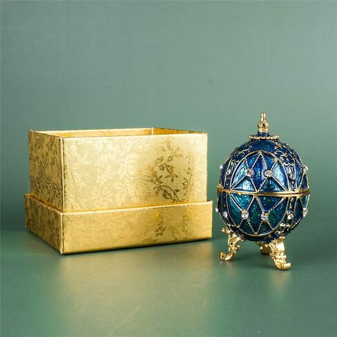 Faberge Egg Trinket Boxes Hinged Crystal Jeweled Easter Machi Egg Ornament Jewelry Ring Holder Box Hand-Painted Bee Flower Pattern in Kuwait
