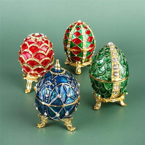 Faberge Egg Trinket Boxes Hinged Crystal Jeweled Easter Machi Egg Ornament Jewelry Ring Holder Box Hand-Painted Bee Flower Pattern in Kuwait