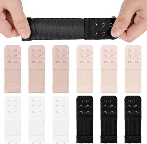 12 PCS Bra Extensers 2 Hooks ، 3 Rows Bra Strap Extender ، Women's Soft Bra Lingerie Extension Bra ، extension bra plus ، accessories bra for women lady (white ، black ، skin ، apricot) in Kuwait