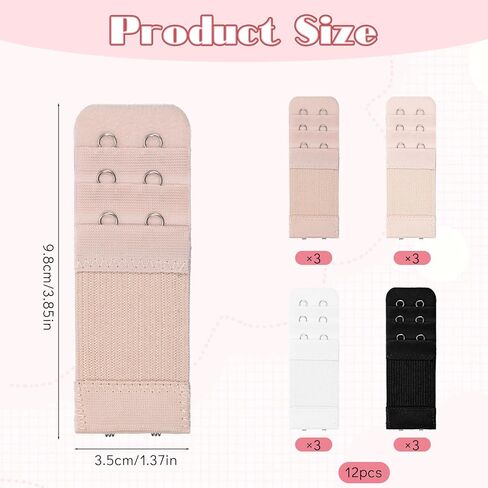12 PCS Bra Extensers 2 Hooks ، 3 Rows Bra Strap Extender ، Women's Soft Bra Lingerie Extension Bra ، extension bra plus ، accessories bra for women lady (white ، black ، skin ، apricot) in Kuwait