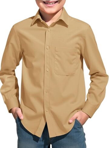Haloumoning Boys Long Sleeve Dress Shirts Collared Button-Down Shirt School Uniform Shirts with Chest Pocket 5-14 Years in Saudi Arabia