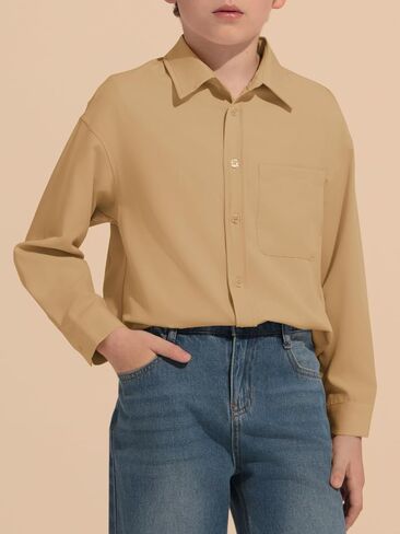 Haloumoning Boys Long Sleeve Dress Shirts Collared Button-Down Shirt School Uniform Shirts with Chest Pocket 5-14 Years in Saudi Arabia