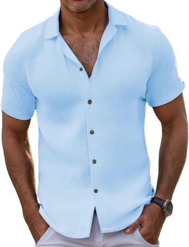 Mens Short Sleeves Shirts V Neck Loose Tshirts Casual Fashion Tops Cotton Flax Lapel Button Tees Working 2024 in Saudi Arabia