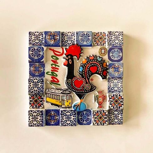 Portuguese Decorative Ceramic Tile, Traditional Rooster Design with Azulejo Border, 6x6 inches in Saudi Arabia