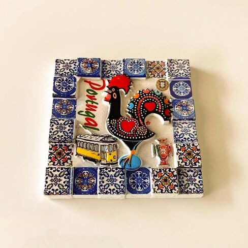 Portuguese Decorative Ceramic Tile, Traditional Rooster Design with Azulejo Border, 6x6 inches in Saudi Arabia