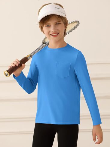 Haloumoning Boys Athletic Long Sleeve Shirts Kids Dry Fit Performance Active Tees with Chest Pocket 5-14 Years in Saudi Arabia