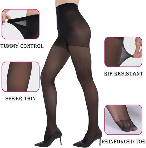 3 Pairs 30 Denier Sheer Rip Resistant Tights for Women - Control Top Not Rip Pantyhose with Reinforced Toes in Saudi Arabia