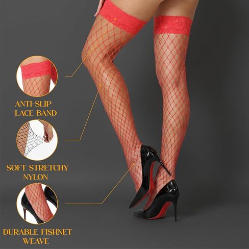 Women's Thigh High Fishnet Stockings, Lace Top Silicone Stay-Up Hosiery in Kuwait