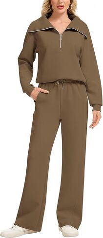 Motarto Women's 2 Pcs Outfits Sweatsuit Set Oversized Lapel Half Zip Sweatshirt Wide Leg Sweatpants Lounge Matching Tracksuit in Saudi Arabia
