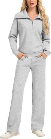 Motarto Women's 2 Pcs Outfits Sweatsuit Set Oversized Lapel Half Zip Sweatshirt Wide Leg Sweatpants Lounge Matching Tracksuit in Saudi Arabia